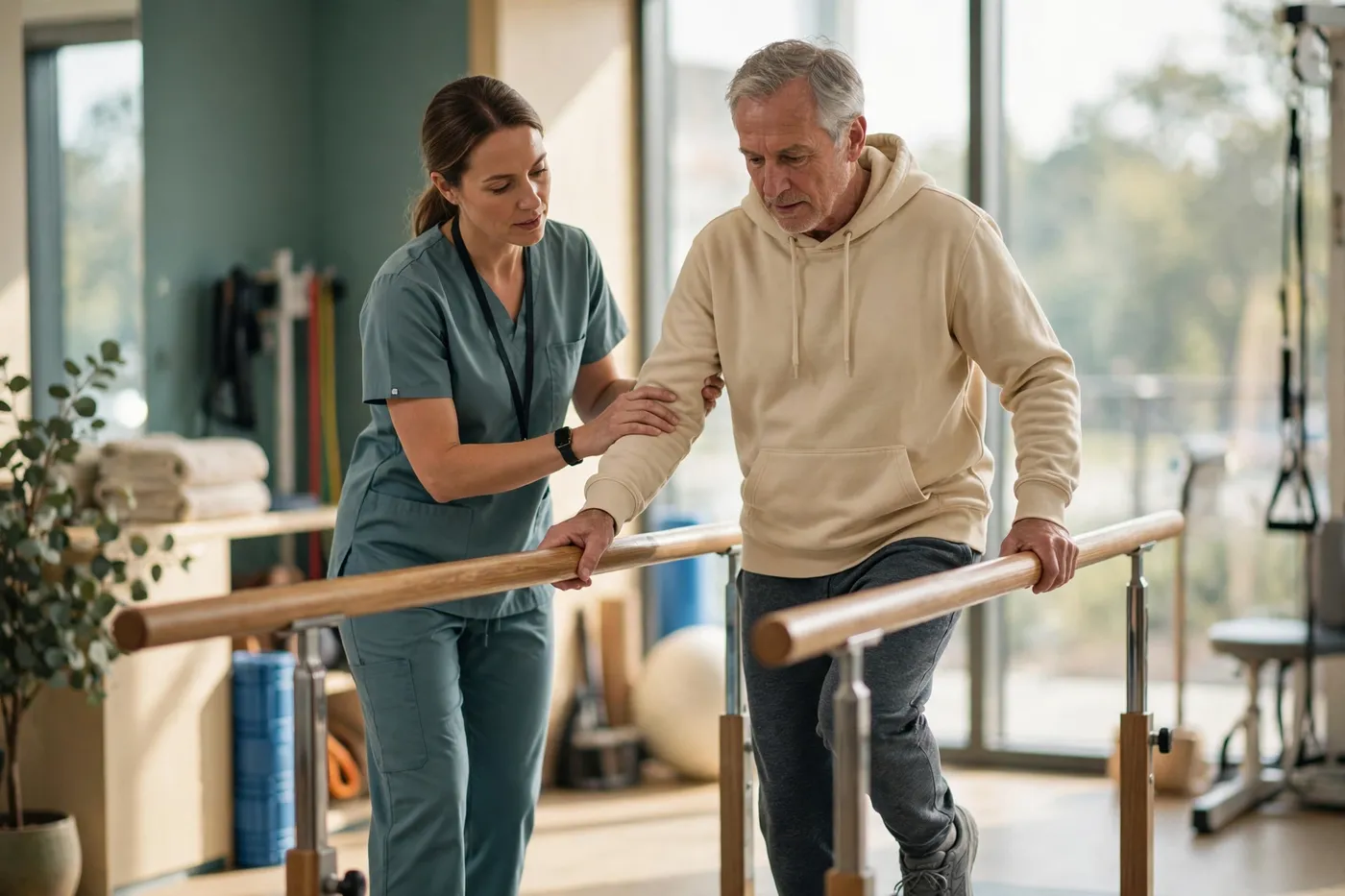 A physical therapist guiding a patient through gait training between parallel bars in a bright rehabilitation gym